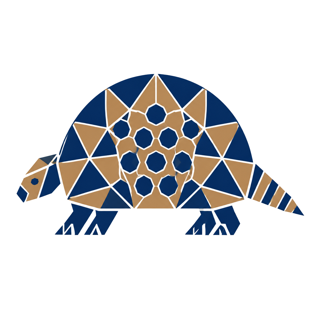 Abstract glyptodon built from cobalt and bronze armored facets